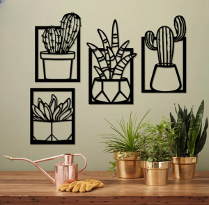 Plants 4 Pcs Set Wooden Wall Decoration.